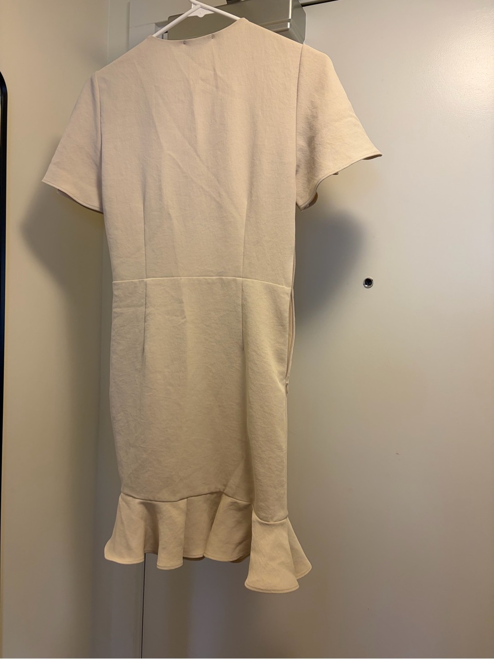 Sandro Cream Ruched V-Neck Mini Dress with Ruffle Hem - Picture 2 of 4
